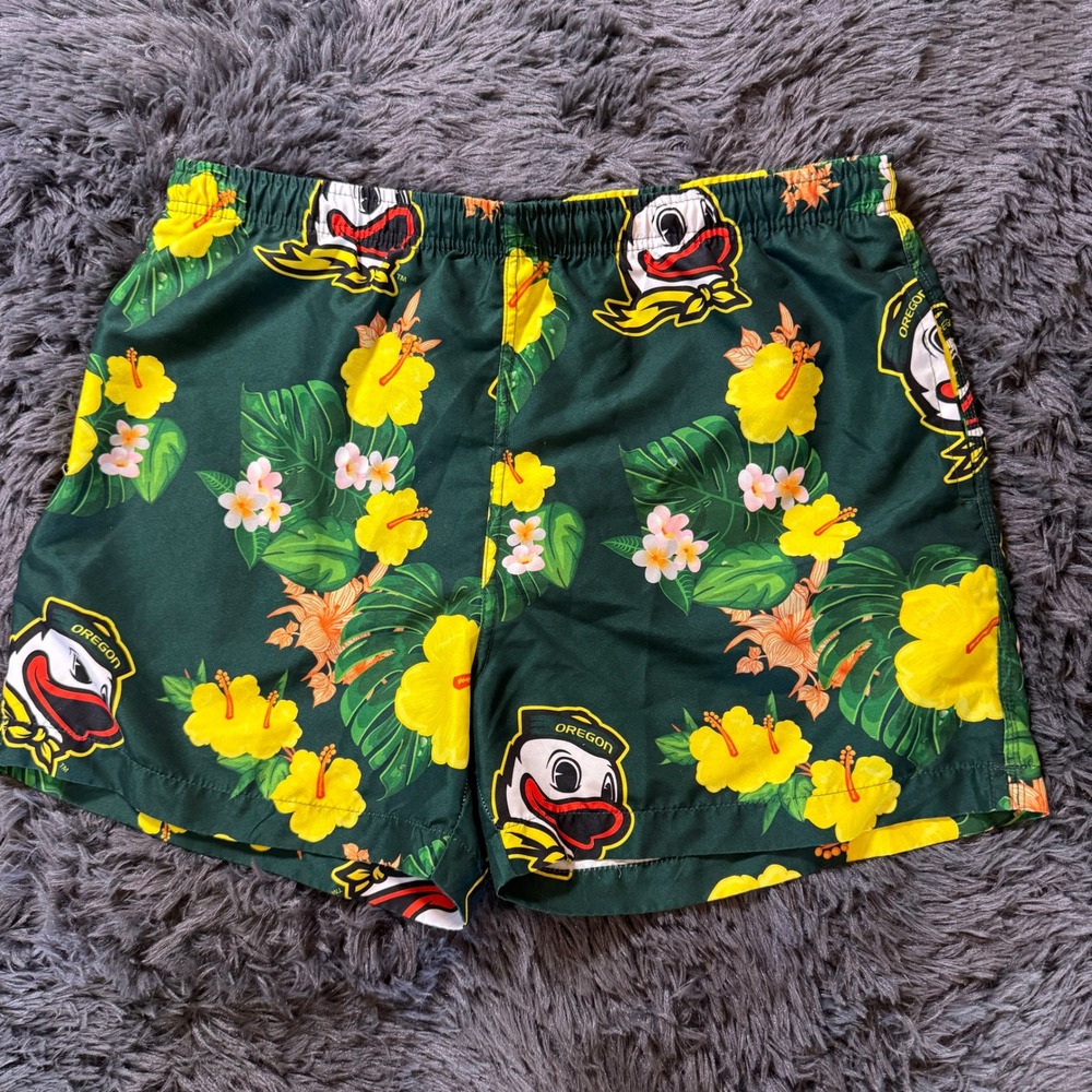 Oregon Ducks Swim Trunks Mens XL Green Tropical Floral Mascot Swim Shorts